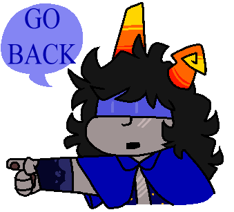 A PICTURE OF FINNY POINTING. AND SAYING "GO BACK"