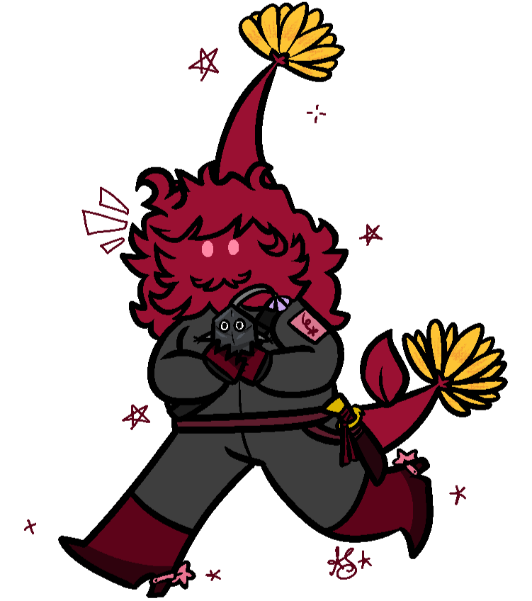 a picture of my pikmin sona, hes holding a tiny rock pikmin named Placeholder Paperweight.
