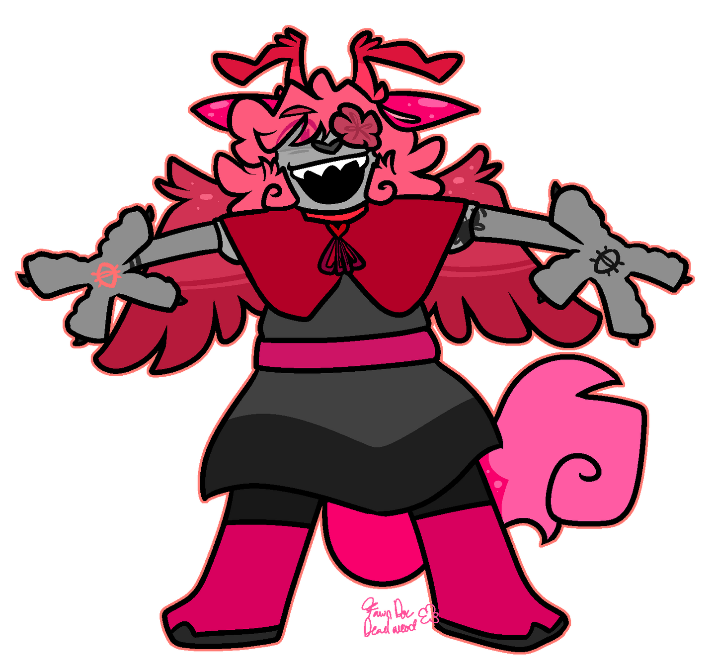 A picture of Fawn Doe with her arms thrown open, with a large and possibly ominous smile on its face.