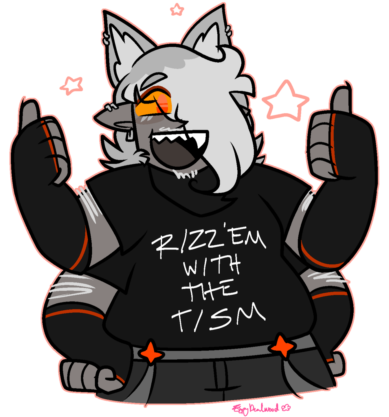 A picture of Captain, doing two thumbs up, his other hands on his hips. It is wearing a black shirt that says "Rizz 'em with the 'Tism" and beaming.