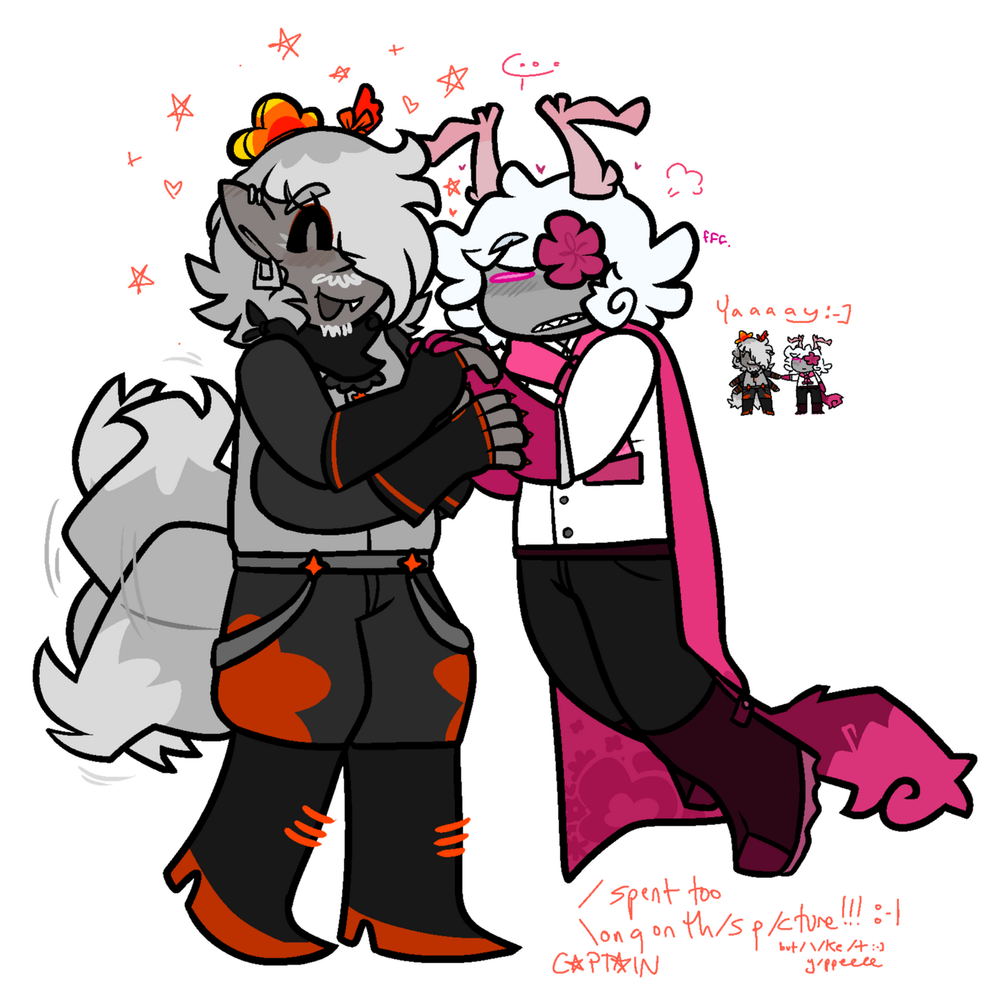 A fullbody picture of Captain and Fawn. They are holding hands, Captain smiling and wagging his tail, as Fawn floats to be face level to it. Fawn is flushed and gritting its teeth. By the side, there is a little doodle of them holding hands.