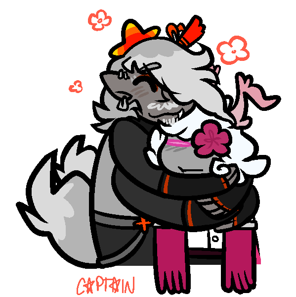 A picture of Captain hugging Fawn, Captain smiling and Fawn looking ruffled.