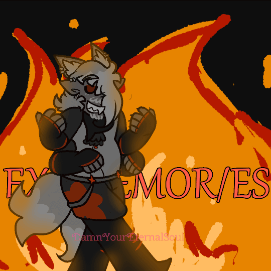 A gif of Captain. He does a spin, poses, and then opens his shirt. There is a large fire behind him that is titled 'Exomemories'.