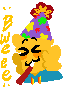 A gif of Poob blowing their noisemaker