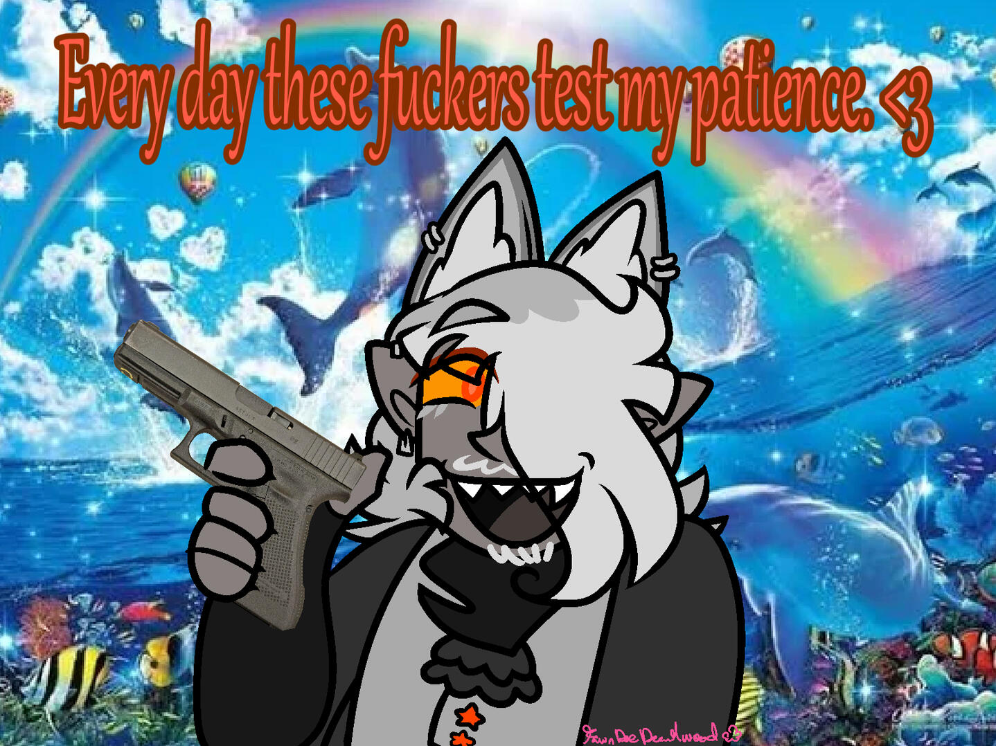 A picture of Captain holding a photorealistic png of a gun, and smiling widely. The background is a png of dolphins and a rainbow, like the 'Symphony' meme. It is captioned "Every day these fuckers test my patience."