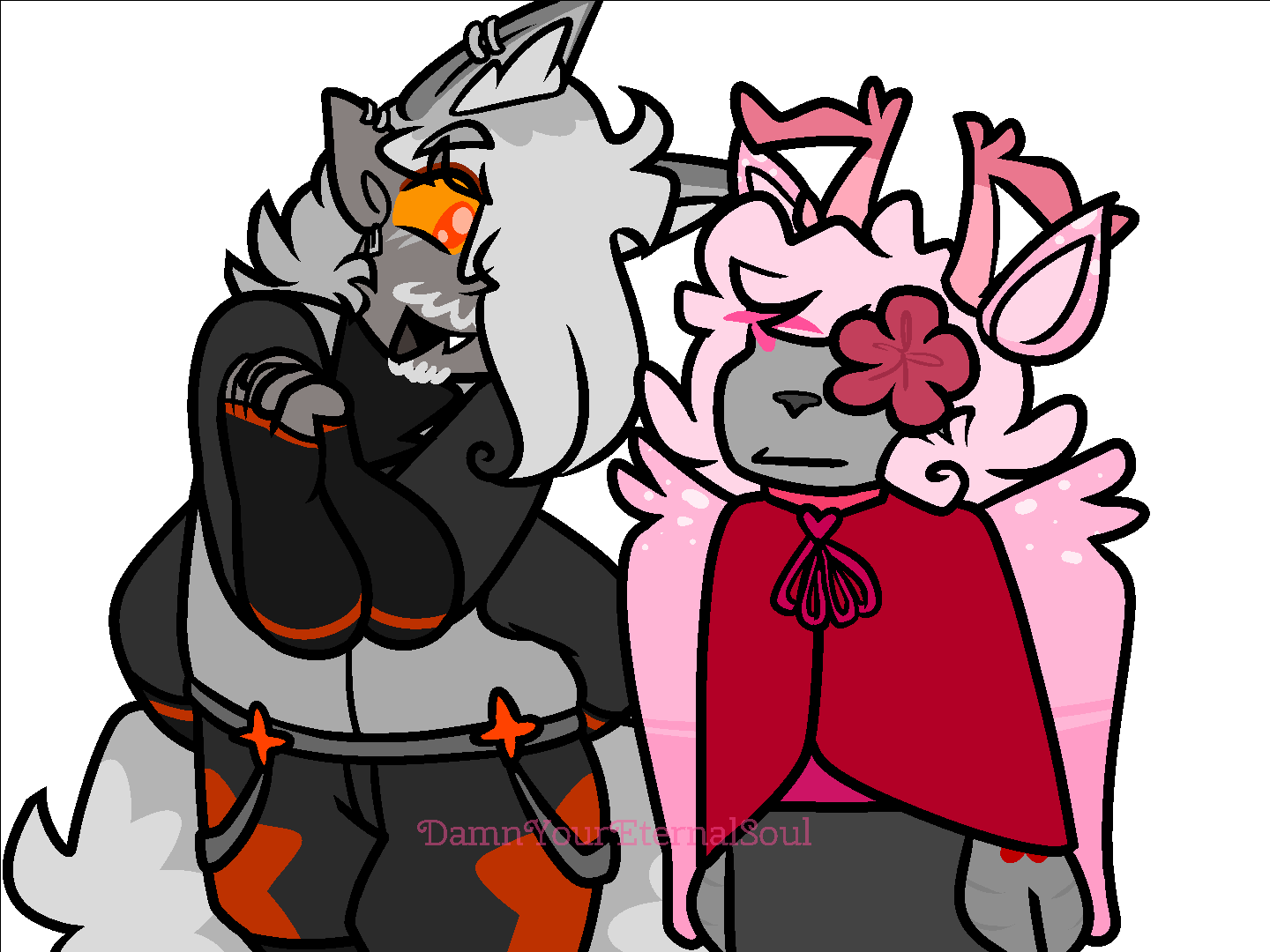 A gif of Fawn and Captain. He's looking at her adoringly, clasping one set of hands, putting the others behind its back, and swaying back and forth, as she stares at him with a flat expression.
