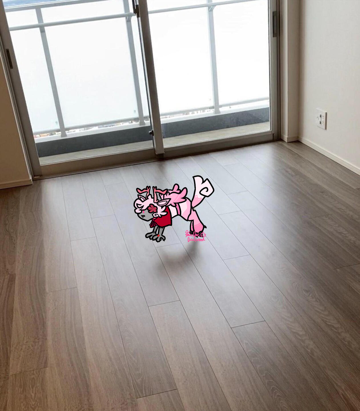 A picture of Fawn drawn over a ferret. She looks very tiny and is hopping in the air in an empty room.