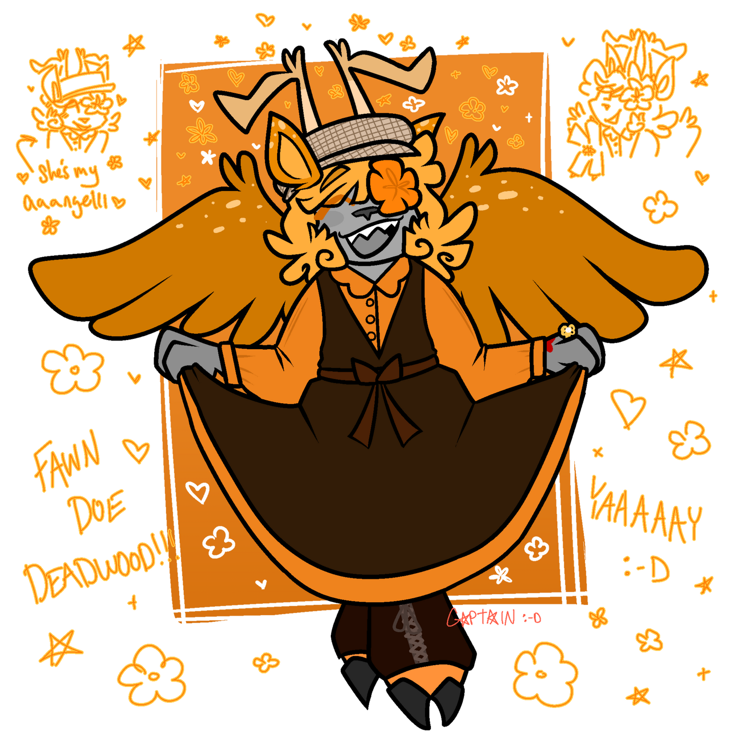 A picture of Fawn Doe, in an autumn dress. She is holding the ends up and smiling happily.