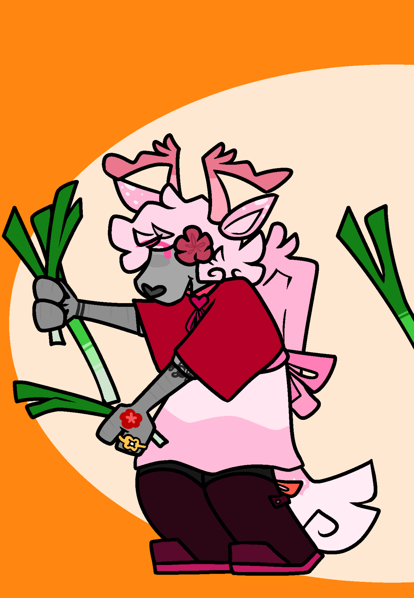 A gif of Fawn Doe, holding two leeks and dancing with them, like a part in the AMV for World is mine